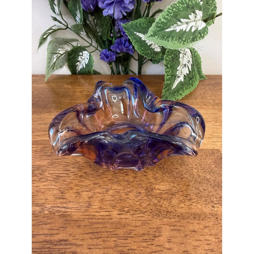Vintage Murano Sommerso Art Glass Bowl Purple Amber Triangular‎ Ashtray Italy